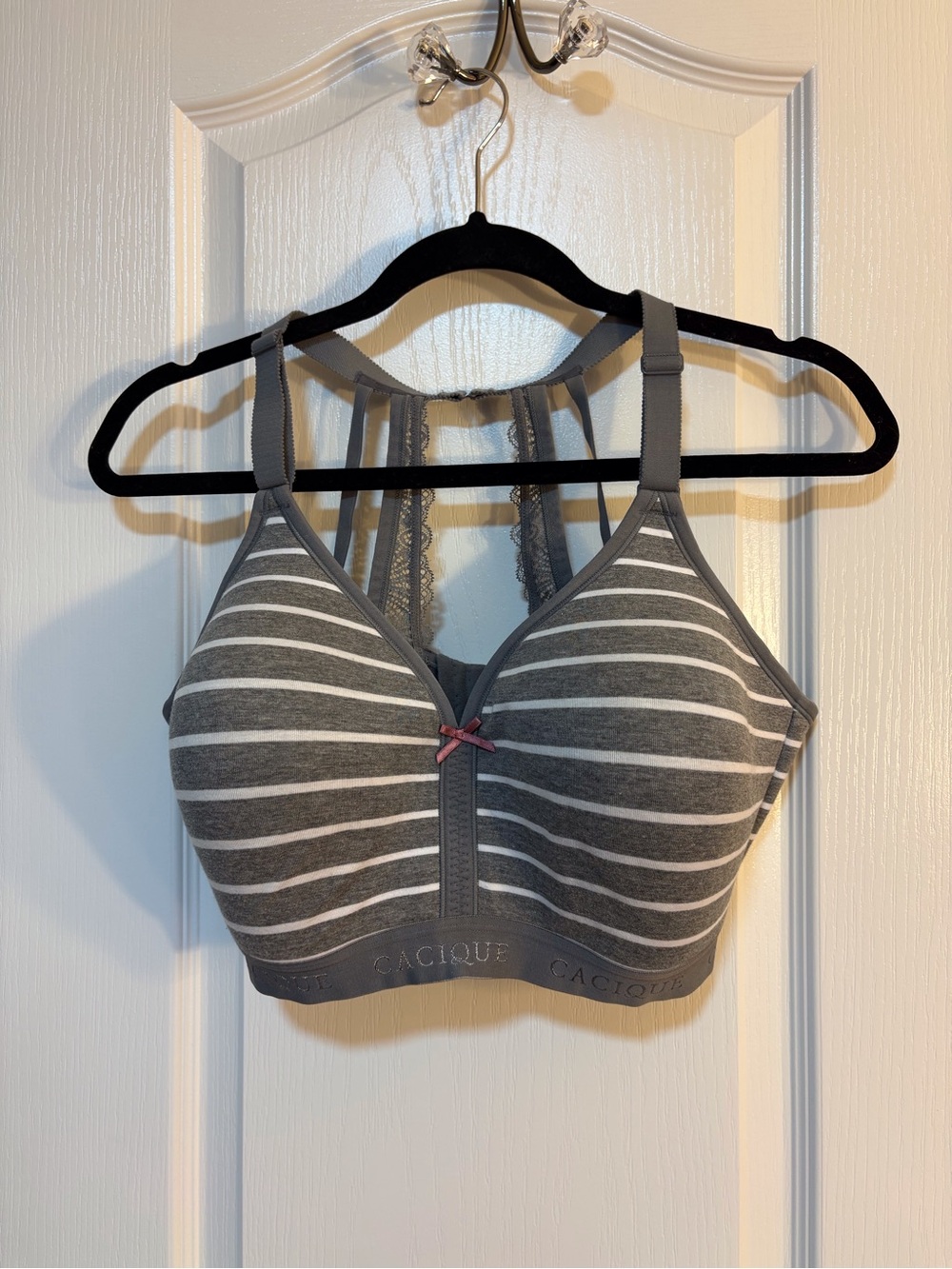 Cacique Gray & White Striped Racerback Bra with Pink Bow